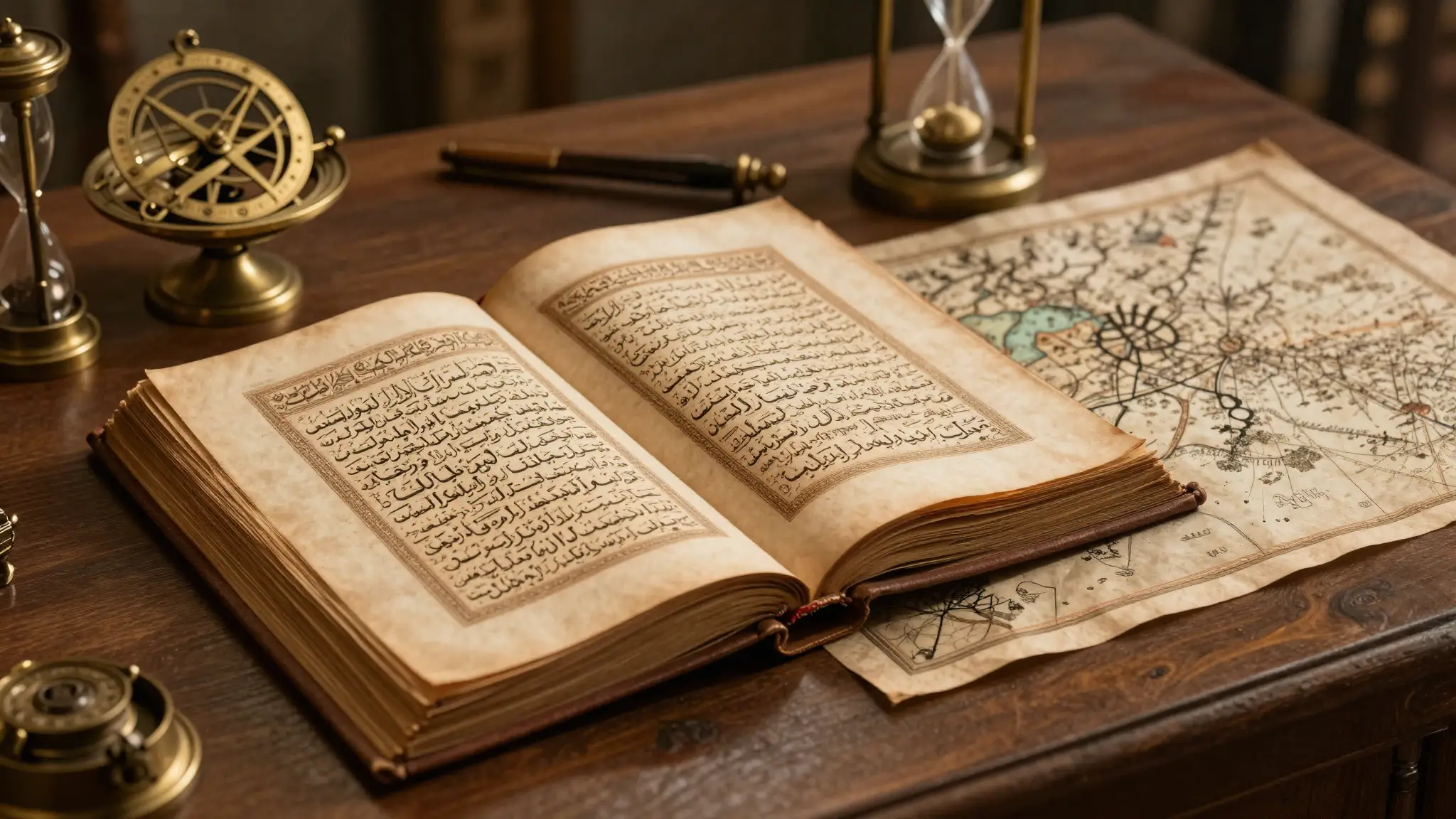 مخطوطة تاريخية قديمة وأسطرلاب نحاسي وساعة رملية وخرائط عتيقة ترمز إلى التاريخ والتقويم وحساب الأيام